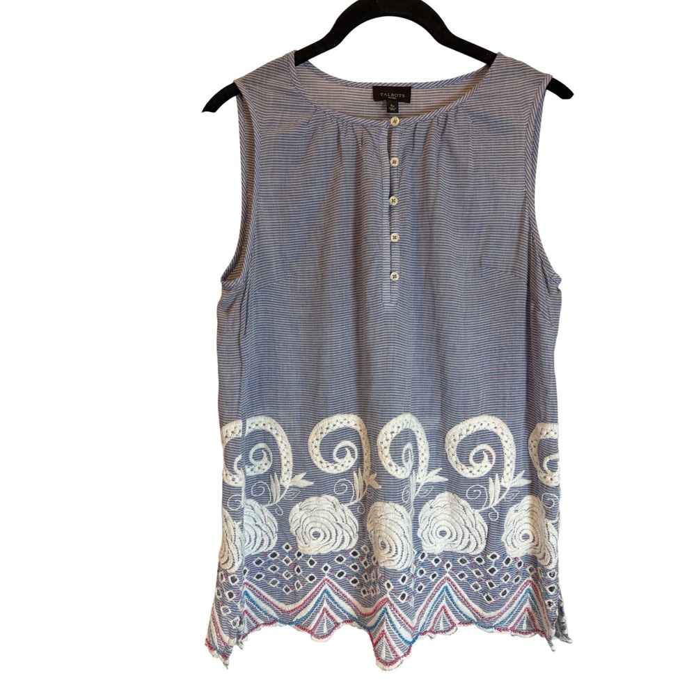 Talbots Petites Blue White Striped Sleeveless Embroidered Eyelet Blouse SP Boho